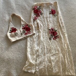 Love Triangle two piece lace skirt set with embroidered flowers